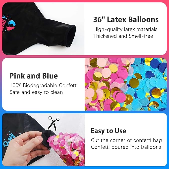 Gender Reveal Balloon Pop Ideas, 2pcs 36" Jumbo Black Baby Boy or Girl Balloons, with Blue Pink Confetti for Revelacion de Sexo de Bebe