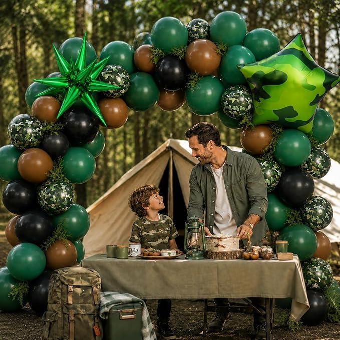 Camo Balloons, 12 Inch Green and Brown Party Balloons Camouflage Party Decoration with Star Foil Balloon for Hunting Camping Game Jungle Theme Camo Birthday Party Decorations