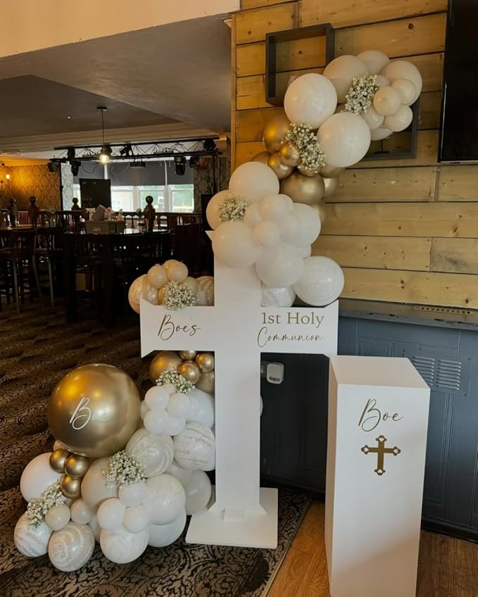 First Communion Balloons - White and Gold with God Bless Balloon Garland Arch Kit Different Size Balloons for First Holy Primera Communion Baptism Theme Party Decorations