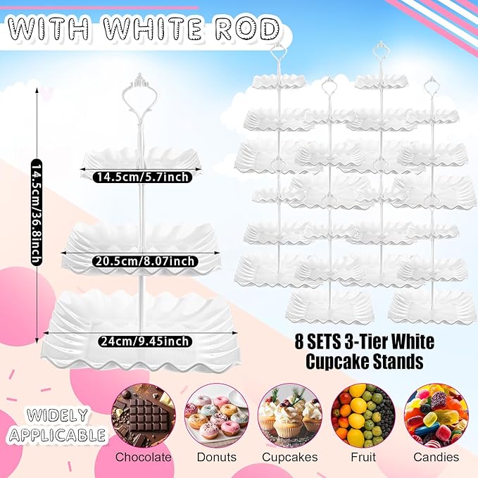 Chunful 8 Pack 3 Tier Cupcake Stand Bulk Square Tiered Dessert Stand Holder Wave Edge Thick Plastic Serving Tray Dessert Table Display Set Tea Cake Holder for Wedding Birthday Party (White)