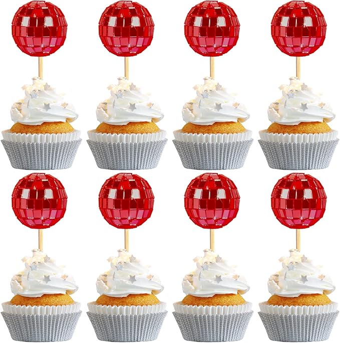 24 PCS Red Disco Ball Cupcake Toppers, Mini Disco Balls for Cake, Disco Ball Cupcake Decorations for Valentine's Day Disco Theme Party 70s Disco Ball Party Favors