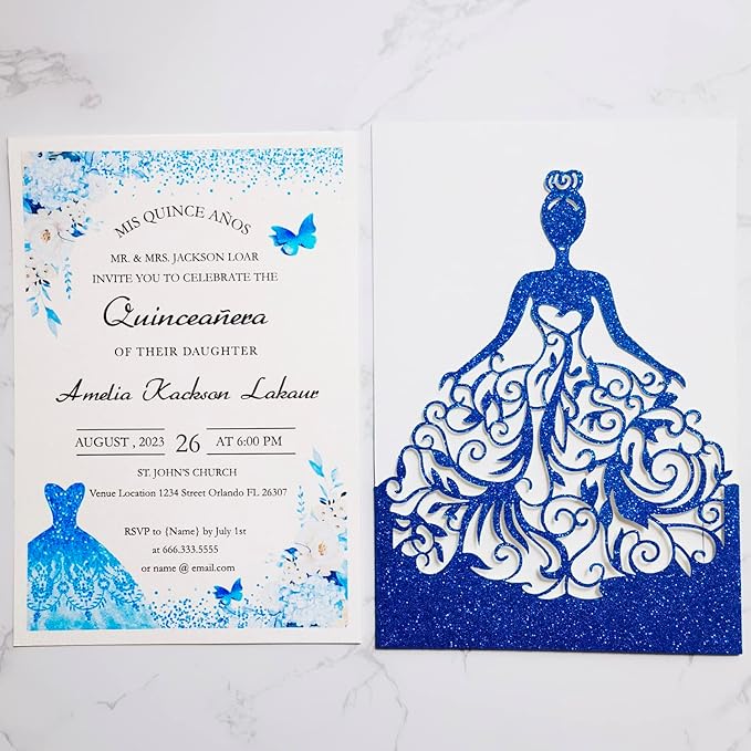 50PCS 5 x 7.3'' Personalized Quinceanera Invitations, Laser Cut Girl Princess Invitation Card Kit with Envelopes for Birthday Party, Quinceañera, XV Años, Mis Quince, Sweet 16 (Royal Blue Glitter)