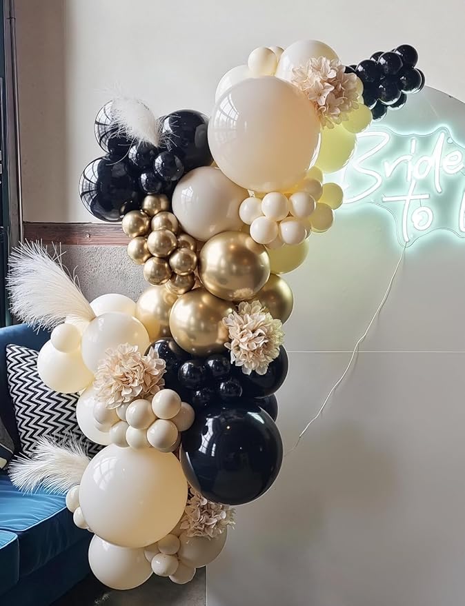 Black and Gold balloon Arch Garland Kit - Black Gold White Balloons with Sand White, Metallic Champagne Balloon, Star Foil Balloons for Graduation Birthday Wedding Party Decorations, 125Pcs