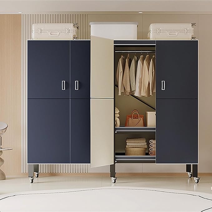 Heavy Duty Covered Clothes Rack with Magnetic Door Foldable Portable Wardrobe Closet for Hanging Clothing Rolling Black Metal Garment Rack on Wheels Closet System (Navy Blue, 49in)