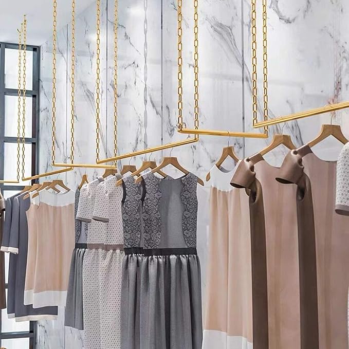 2 Pcs Creative Adjustable Height Clothing Storage Chain Garment Rack, Wedding Dress Hanging Rack, Boutique Clothes Store Display Shelf, Bathroom Organization Towel Rack (Gold, 36" L)
