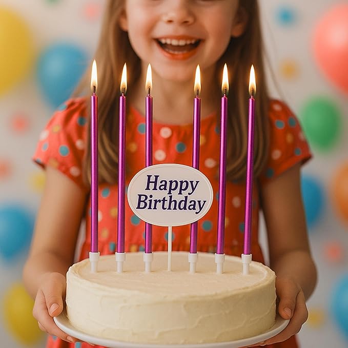 by Tugba Aydan Purple Birthday Candles, 24 Pack, Long Thin Metallic Cake Candles with Holders, Elegant Purple Candles for Cakes, Cupcakes & Parties