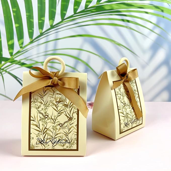20PCS Mini Gift Bags, Bird & Flower Goodie Bags with Ribbon Handle for Party Favors Treat Boxes Wedding Bridal Baby Shower Birthday Party Presents 3.9"x2.6"x1.4"(Cream)