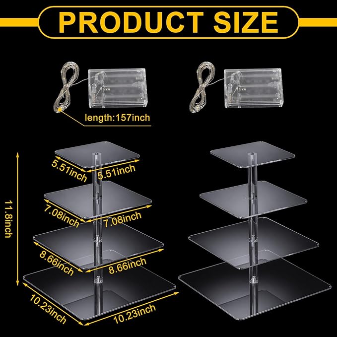 2 Pack 4 Tier Cupcake Stand with LED String Light Acrylic Cupcake Display Stand Clear Dessert Display Holder for Birthday, Wedding, Baby Shower, Party