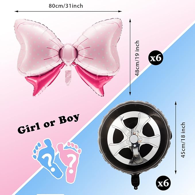 12 Pieces Burnouts or Bow Foil Balloons Black Car Wheel Gender Reveal Pink Polka Dots Balloons for Baby Shower Gender Reveal Wedding Birthday Party Decoration