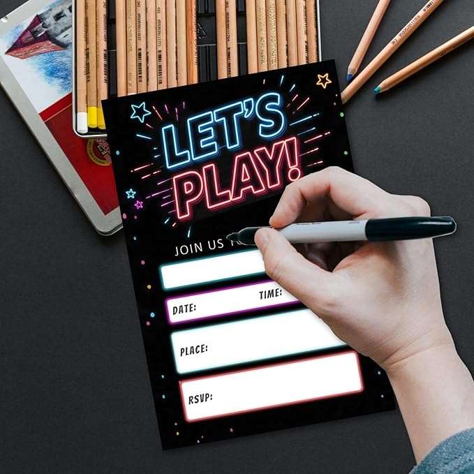 Birthday Party Invitations Let's Play Card Neon Starlight Kit, 25 Pcs 4x6 Inch, Modern Flashing Dark Black Invites for Boy Girl Kids Teens