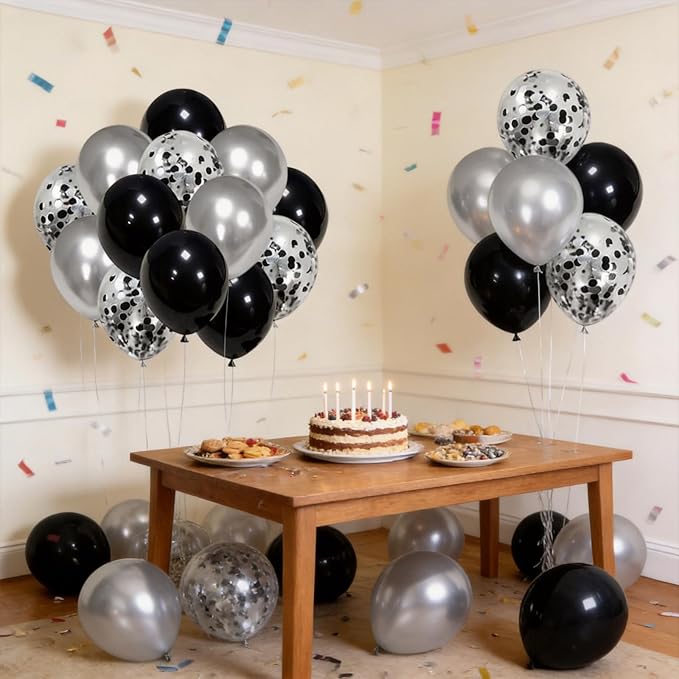 Black and Silver Balloons, 50pcs 12inch Metallic Chrome Silver Latex Balloons with Silver and Black Confetti Balloons for Birthday Wedding New Year Graduation Party Decorations