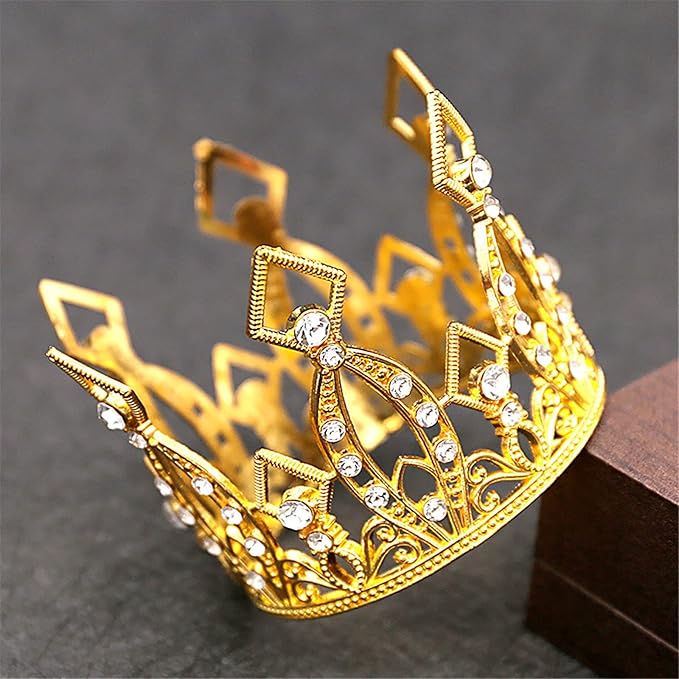 Mini Crown Cake Topper Princess and Prince Crystal Headpiece Tiara Rhinestone Crown Cake Decoration for Wedding Birthday Baby Shower Party Favors (Golden)