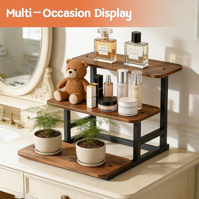 3 Tier Cupcake Stand, Rustic Wood & Metal Tiered Display Stand, Stepped Dessert Table Riser for Wedding, Party & Farmers Market
