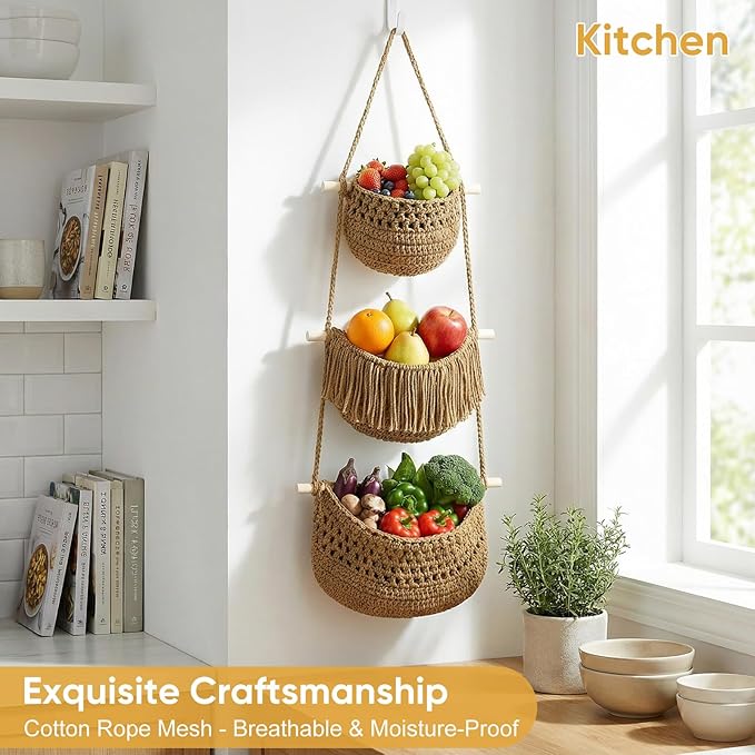 Macrame 3-Tier Hanging Wall Basket, Handwoven Jute Storage Organizer, Boho Decor for Kitchen, Bathroom, Living Room, Natural Cotton Rope Fruit Holder (White)