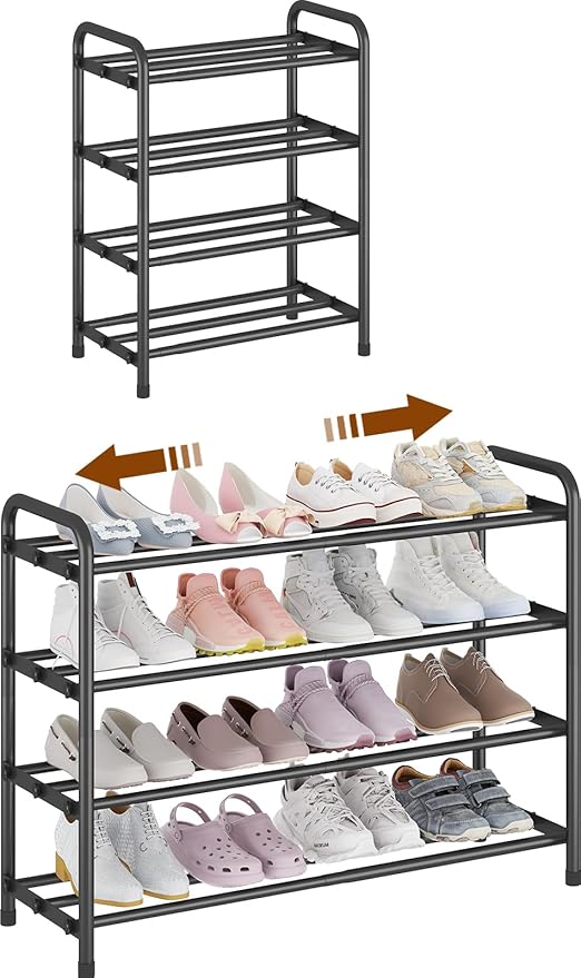 KANAV 4-Tier Expandable Shoe Rack – Adjustable Shoe Organizer & Shoe Storage for Closet, Entryway, and Front Door – Space-Saving Shoe Shelf and Rack Organizer for Home - Black