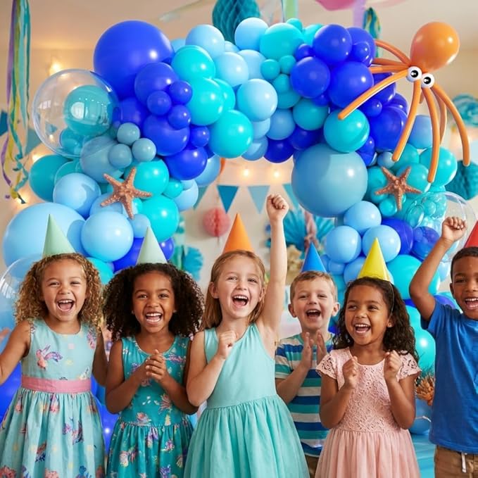 Under The Sea Balloon Arch Kit -156Pcs Blue Teal Dusty Blue Orange Long Balloon Garland Kit for Ocean Themed Under The Sea Baby Shower Ocean Animals Theme Birthday Party Decorations