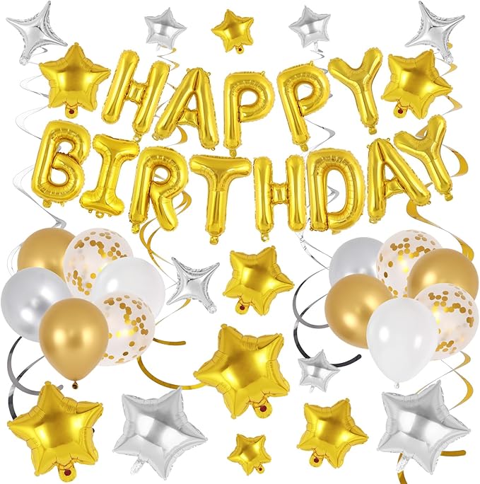 55 Pcs Happy Birthday Balloons Letters Banner with 35 Pcs Star Foil Balloon, 20 Pcs Latex Balloons, 6 Hanging Swirls for Women Men Boys Girls Birthday Party Decorations Set ﻿ (Gold)