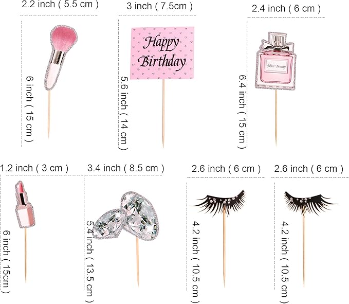 Ercadio 28Pcs Makeup Birthday Cupcake Toppers Diamond Lipstick Cupcake Picks Eyelash Food Picks for Makeup Girl Pink Birthday Cupcake Decorations Bridal Shower Cosmetics Bachelorette Party Supplies