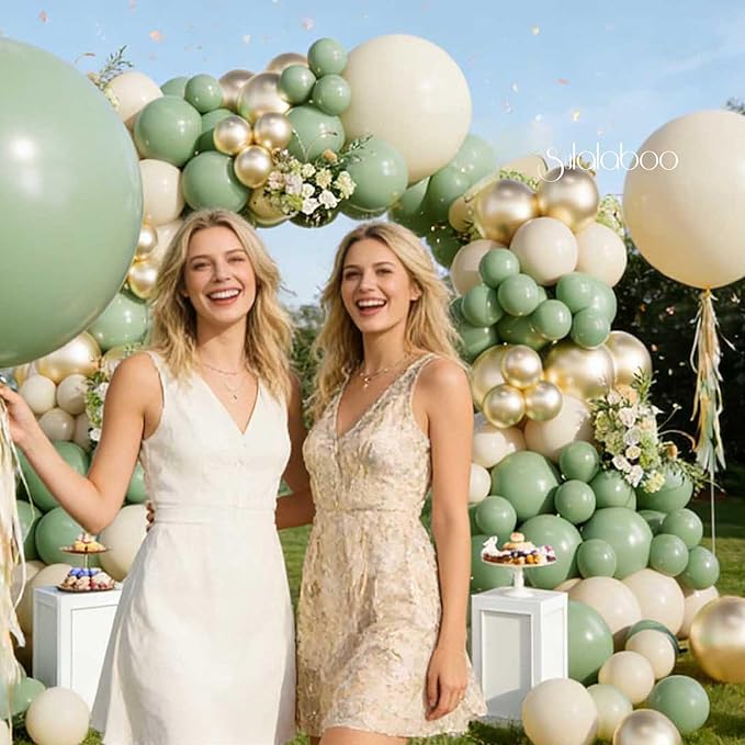 Sage Green Balloons Arch Kit 155Pcs Different Sizes of 18 10 5 Inch Latex Olive Green Sand White Metallic Gold Balloon Garland for Birthday Anniversary Wedding Party Decorations