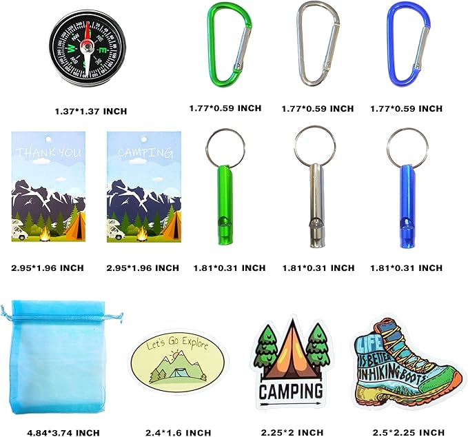 110PCS Camping Happy Birthday Party Favors Gift Bag Kits with Camp Compass, Hiking Whistles Keychain Carabiner, Camping Stickers Decorations for Outdoor Camper Nature Adventure Exploration Supplies