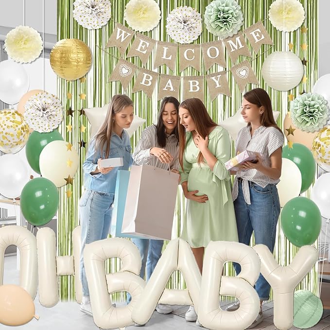Sage Green Baby Shower Decorations 40 Inch Beige OH BABY Balloons Welcome Baby Banner, Paper Lanterns, Tissue Pom Poms, Star Garland, Neutral Gender Reveal Birthday Party Supplies