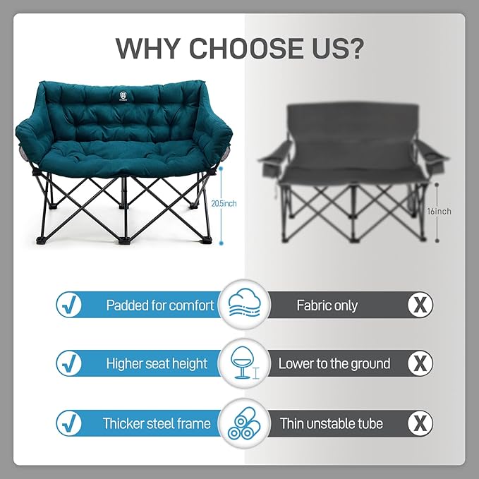 EVER ADVANCED Double Camping Chair for Adults, Padded Folding Camping Love Seat with Side Pocket Portable Camping Couch, Two Person Heavy Duty Folding Outdoor Chair with Cushion,Support 600lbs,Green