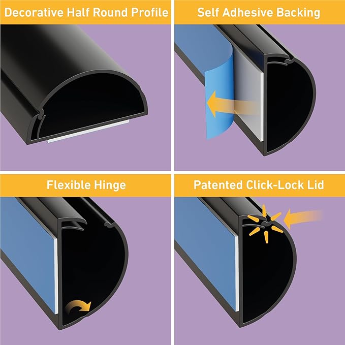 D-Line Half Round Cord Hider, Patented Cable Cover, Hide TV Wall Mount Wires, Raceway for Cords, Decorative Wire Covers, Paintable, Adhesive Cable Concealer, 2X 2in W x 1in H x 39in L, Black