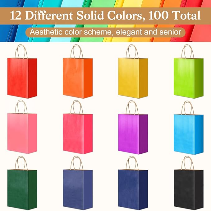 100 PCS Small Gift Bags with Handles, 5.91"x3.15"x8.27" Party Favor Bags, 12 Colored Goodie Bags for Birthday Party, Kraft Paper Gift Bags Bulk for Wedding, Baby Shower, Celebrations, Party Supplies