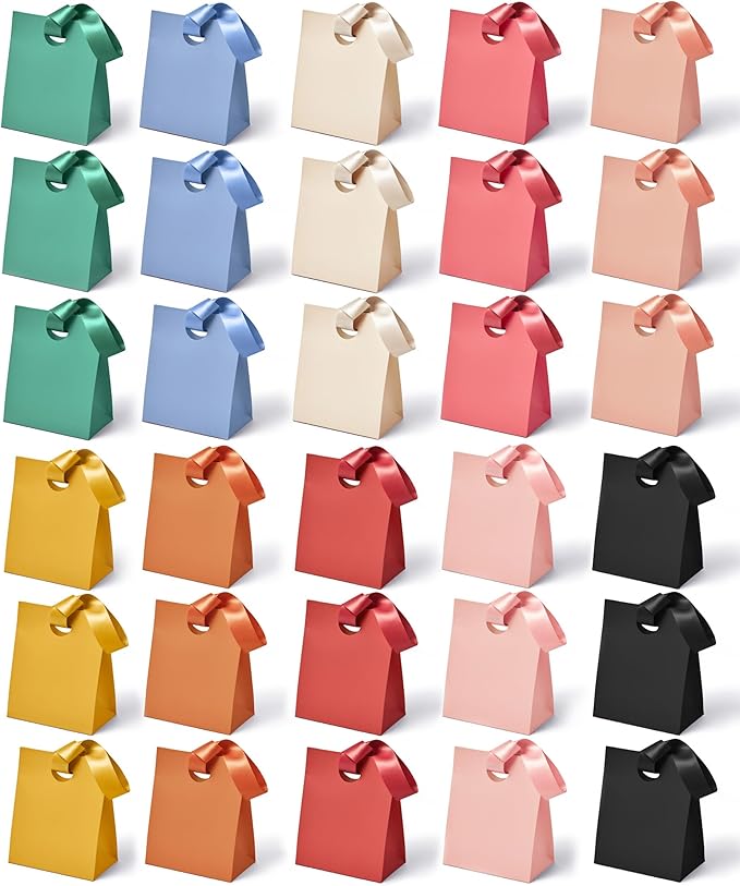 Vitalizart Paper Gift Bags With Ribbon Handles Set of 30 Assorted Colors Bulk Reusable For Gift Wrap Kids Birthday Bridal Shower Party Favors Goodie Bags Candy Christmas 5.91"x3.54"x7.28" Small