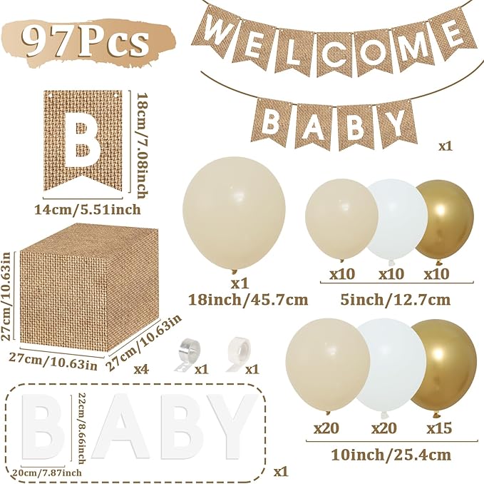 Boho Baby Shower Decorations-97Pcs Burlap Grain Baby Boxes,Nude and Gold Balloons Arch Kit and "WELCOME BABY" Banner for Neutral Baby Shower Decorations,Birthday Party Supplies,Gender Reveal