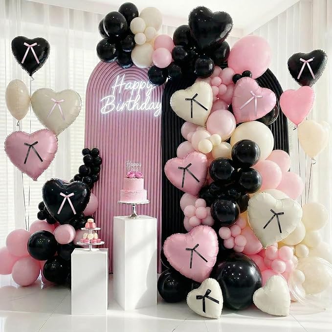 Pink and Black Heart Balloons with Ribbon Bow, 10 Pcs Light Baby Pink Cream Heart Shape Foil Balloons, 18Inch Helium Balloon with Bow Decoration for Girls Women Brithday Baby Shower Bachelorette Party