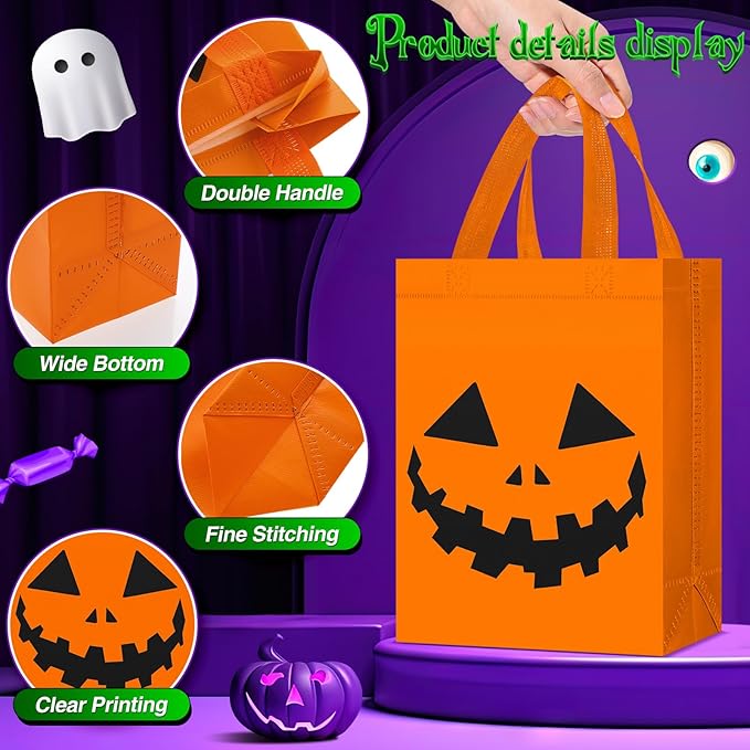 Locmeo 24 Pcs Large Halloween Candy Bags Reusable Non Woven Halloween Favor Bags Cat Ghost Vampire Zombie Pumpkin Tote Bag with Handles Bulk for Kids Birthday Party