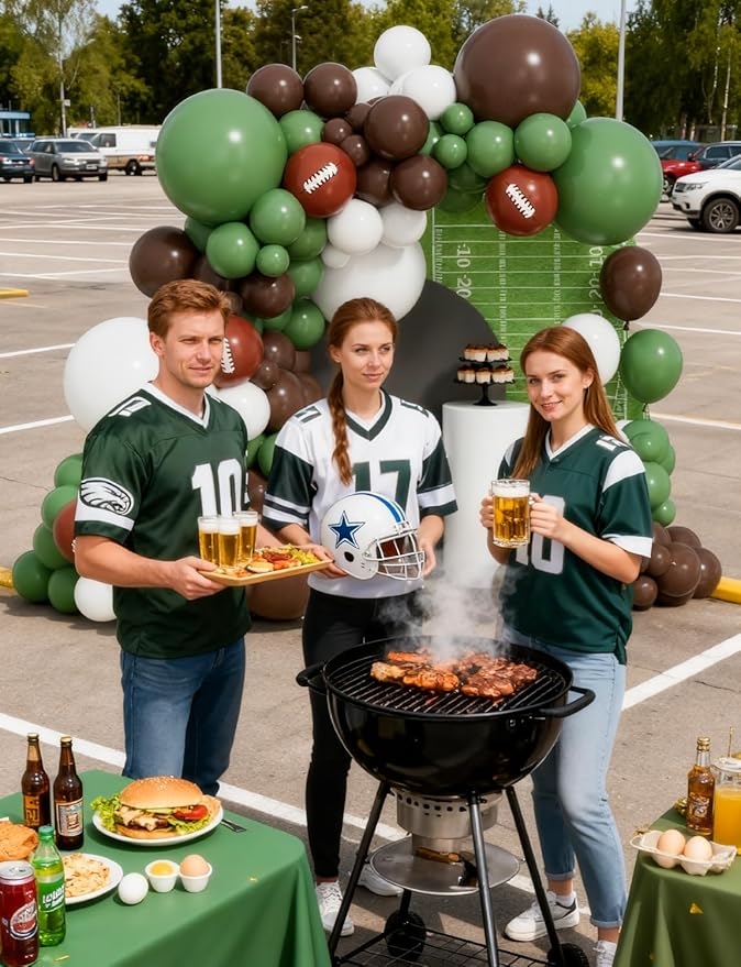 Football Balloon Garland Arch Kit, 132Pcs Green and Brown Balloons Football Printed Balloons Sage Green White Latex Balloon for Touch Down Rugby Birthday Sports Theme Party Decorations
