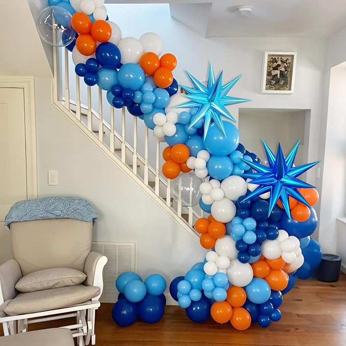 Blue and Orange Balloon Arch Kit, 120 Pcs Light Blue White Orange Balloons Garland Kit with 4D Star Chrome Latex Balloons for Graduation Class of 2025 Thanksgiving Party Decorations