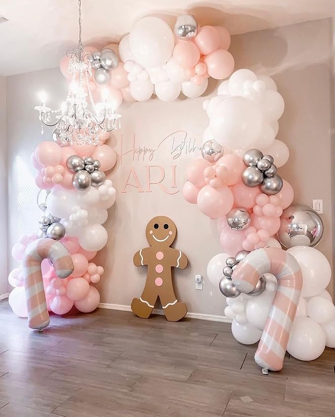 Silver Pink Balloons Garland Kit, 100pcs White and Silver Confetti Metallic Latex Balloons Arch with 16ft Tape Strip & Dot Glue for Girl Baby Shower, Birthday Party, Wedding, Anniversary Decorations