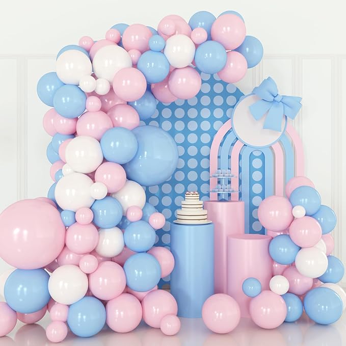 Pink and Blue Balloons Garland Kit, 124pcs Pink White Blue Latex Balloons Arch for Birthday, Baby Shower, Gender Reveal Party Decoration
