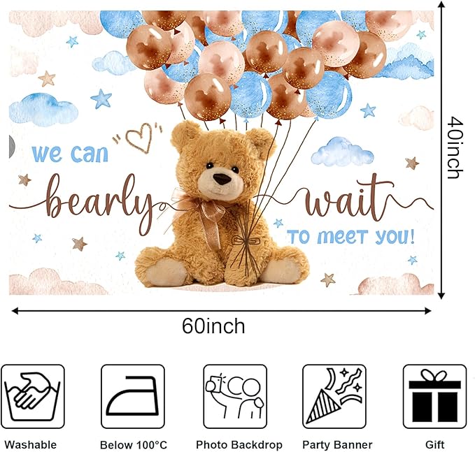 We Can Bearly Wait Baby Shower Decorations for Boy, 125 Pcs Blue Plastic Party Supplies - Bear Balloons,Blue Brown Balloons , Backdrop for Baby Shower & Gender Reveal