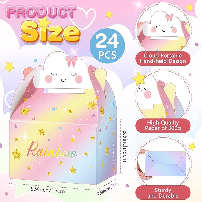 Leinuosen Rainbow Cloud Gift Boxes Party Supplies Cute Party Favor Boxes Theme Treat Boxes Candy Goodies Gift Boxes for Girls Boys Kids Birthday Party Decor (Rainbow Cloud Style, 24 Pieces)