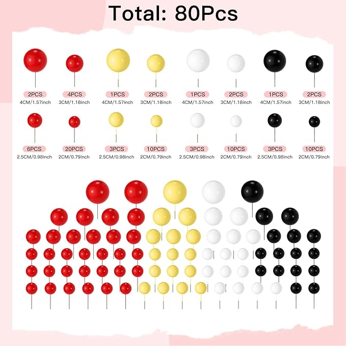 NACHLYNN 80 Pcs Cake Balls Decorations Mini Balloon Cake Topper Balls Foam Cupcake Toppers Balls for Cake Decorating Birthday Parties Weddings Anniversary (Red Yellow Black White)
