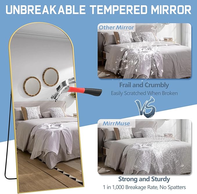 76"X34" Large Floor Mirror Full Length, Gold Arched Full Length Mirror with Stand, Hanging or Leaning Standing Full Body Mirror for Bedroom Living Room Gym, Tempered Glass