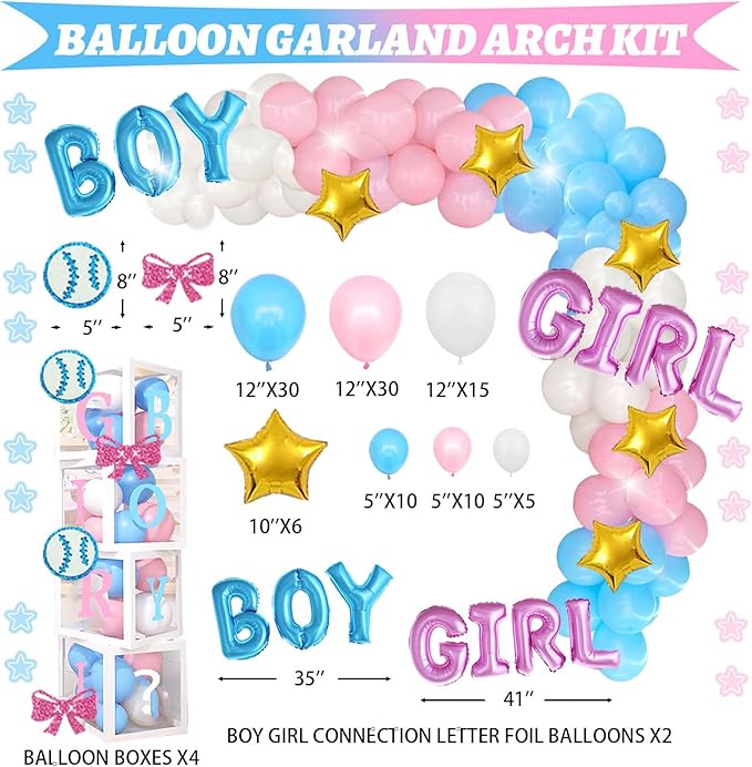 Hombae Baseball or Bows Gender Reveal Decorations, 171 PCs Boy or Girl Gender Reveal Decorations Backdrop Balloon Garland Banner Tablecloth Cake Cupcake Topper Box Cutout Poster Sash Pink Blue