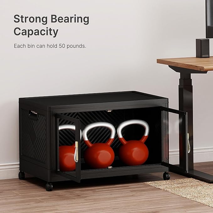 UAMFURI Stackable Storage Bins with Lids, Clear Doors, Large Storage Cabinet Foldable Collapsible Closet Organizers for Bedroom Dorm Office (1, Black, 160, Quarts)