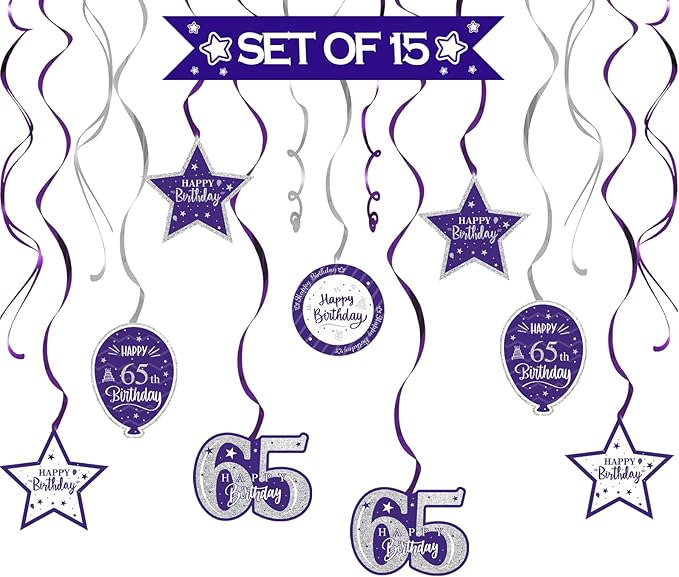 Happy 65th Birthday Purple & Silver Glitter Swirls Streamers Party Decorations - 15 Pcs 65th Birthday Hanging Swirls Streamers Kit,Perfect for 65th Bday Party Sign.