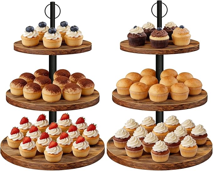 Cupcake Stand, 3 Tier Wood Cake Stands Rustic Cupcake Tower, Round Tiered Tray Stand for Dessert Table Display, Industrial Wooden Serving Stand Wedding, Graduation and Baby Shower