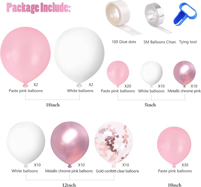 Pink White Balloons Garland Arch Kit 104 PCS Metallic Pink Gold Confetti Latex Balloons for Baby Girl Shower Birthday Wedding Anniversary Bachelorette Party Decorations