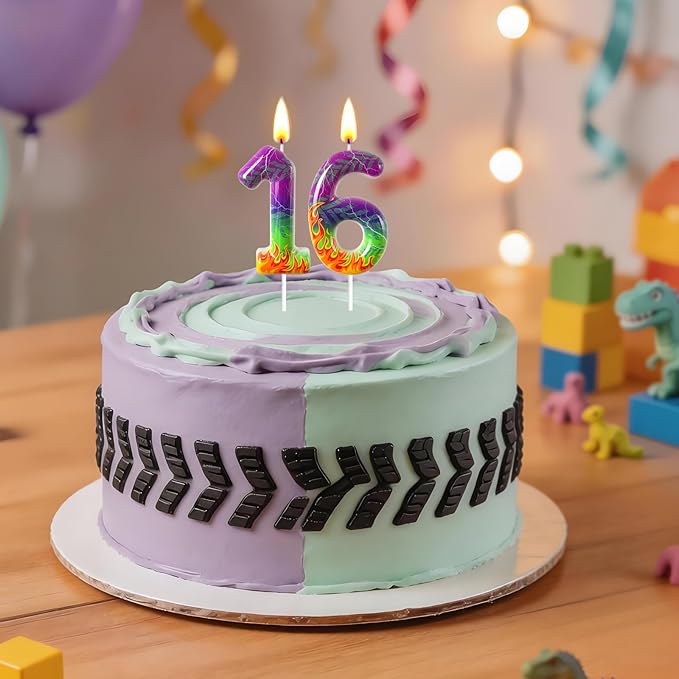Number 6 Birthday Candle for Cake – Purple Green Flame Design with Lightning & Tire Track Pattern – Off-Road Truck Theme Cake Topper for Birthday Party Decoration