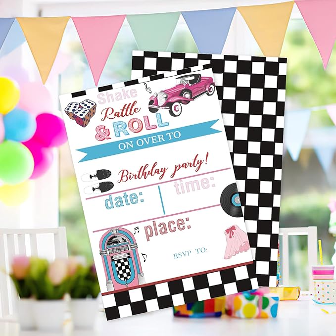 20 Sets 50's Sock Hop Birthday Party Invitations With Envelopes,Retro 1950's Jukebox Checkered Double-sided Printed Birthday Party Invitation Invite Cards for Teen Girls Boys,50's Birthday Invites