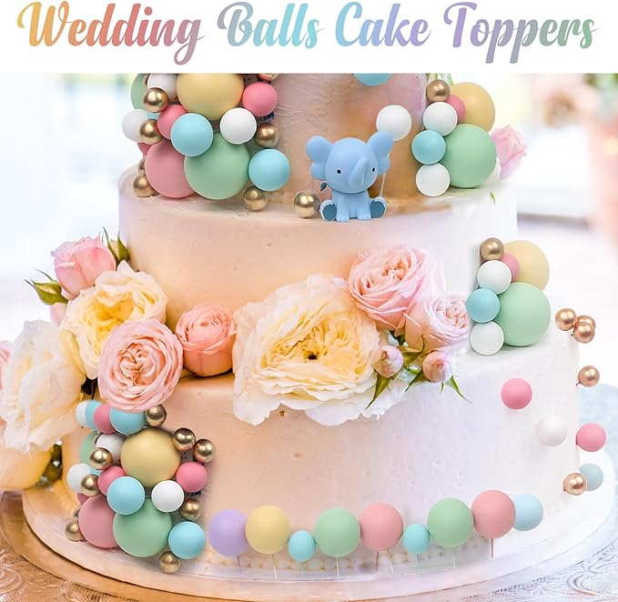 115 PCS Ball Cake Toppers - Mini Balloon Cake Decorations Pastel Foam Balls Cupcake Picks DIY Cake Insert Toppers for Birthday Party Wedding Baby Shower - Rainbow Theme
