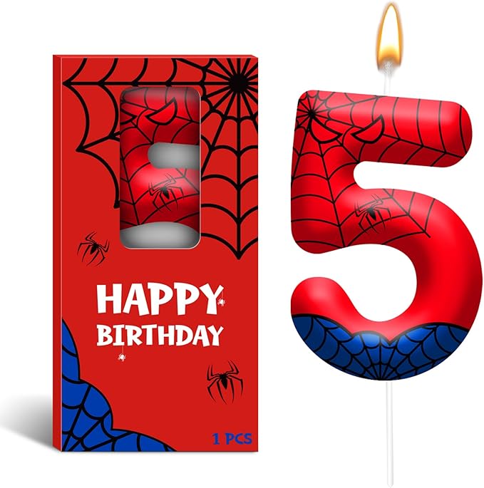 Spider Themed Birthday Candles Number 5 Red Blue Spider Web Themed Cake Topper Candle Party Decoration Birthday Party Celebrations Supplies Favors(Number 5)