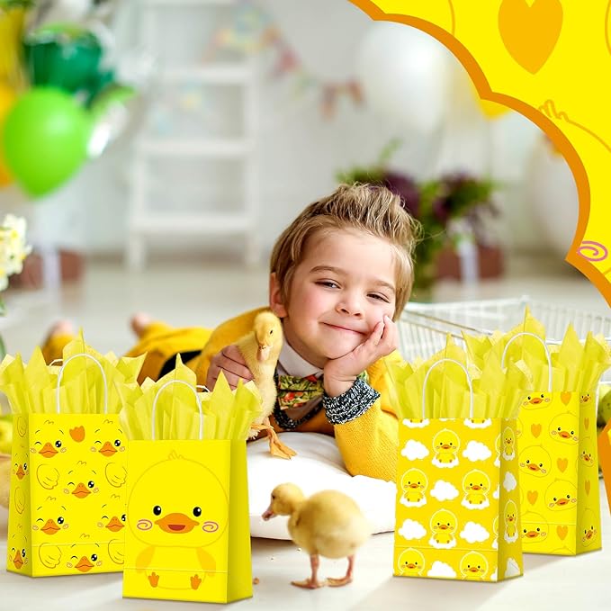 Epakh 24 Pcs Duck Party Favors Bags Yellow Duck Gift Bag with Handles Tissue Paper Treat Goodie Candy Favor Tote Boxes for Baby Shower Birthday Party Supplies